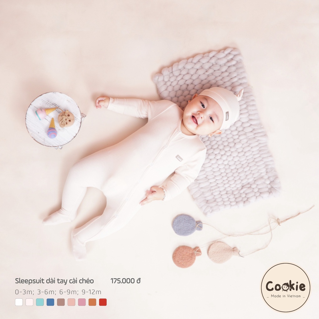 [COOKIE] Bộ Sleepsuit cho bé dài tay cài chéo liền tất & bao tay size 0-3m, 3-6m, 6-9m, 9-12m