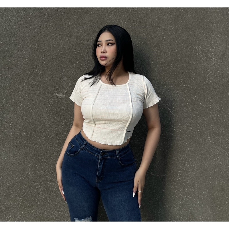 ÁO CROPTOP TRẮNG GÂN CAM