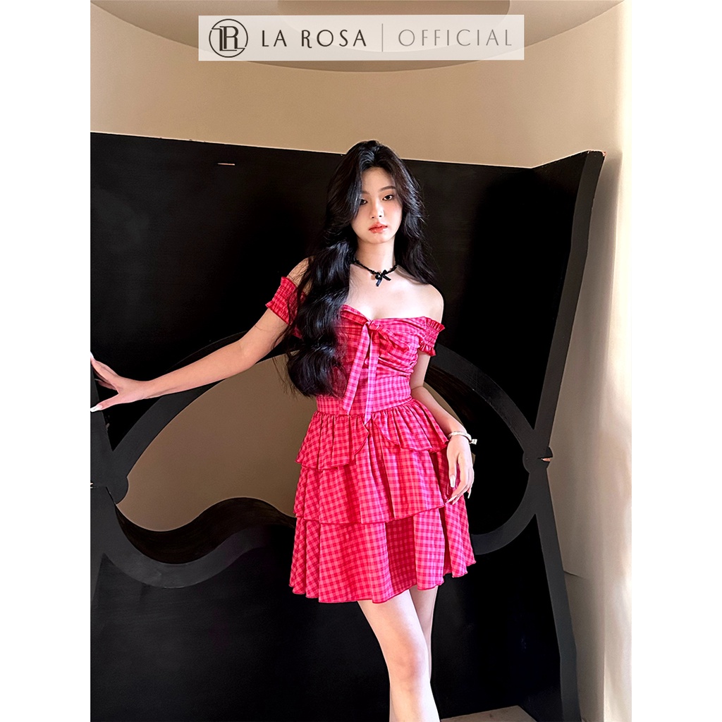 Đầm Trễ Vai Thắt Nơ Tiểu Thư Bánh Bèo LAROSA, Đầm Thiết Kế Kẻ Caro Tươi Mới, Trẻ Trung V1074