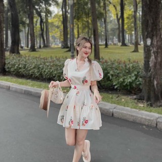 Đầm xòe nữ in hoa cổ chữ V thắt nơ eo, váy dạo phố dự tiệc siêu xinh