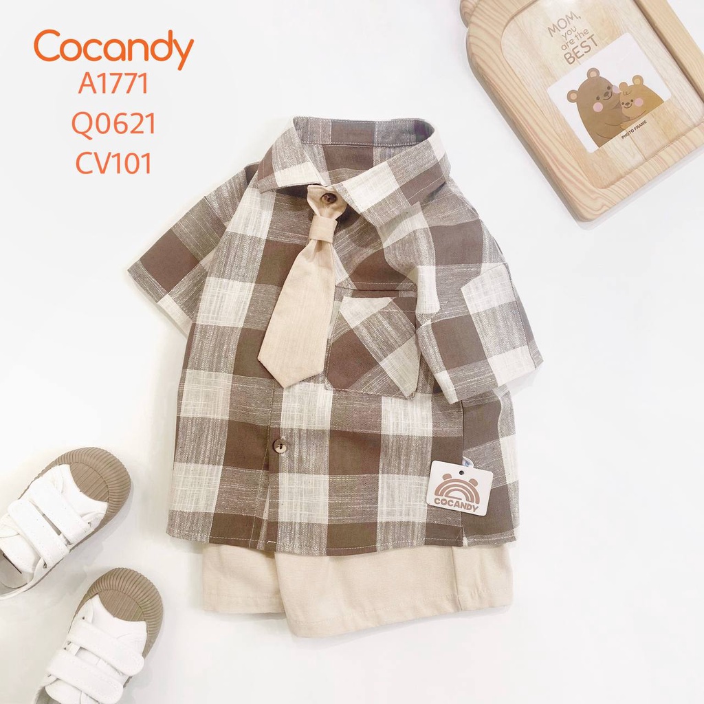 Set đồ cho bé -Áo cộc caro NÂU BE to và Quần cộc kaki NÂU 2 túi cho bé của COCANDY mã A1771, Q0592,Q0621