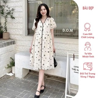 Váy bầu hoa nhí chất voan xốp 2 lớp- đầm bầu cổ tim viền đen thời trang