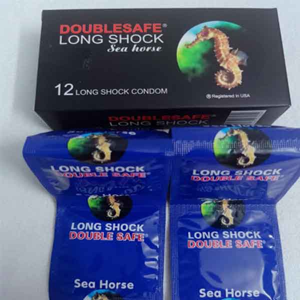 Bao cao su Cá Ngựa Double safe LONG SHOCK gân gai kéo dài thời gian - Hộp 12 cái