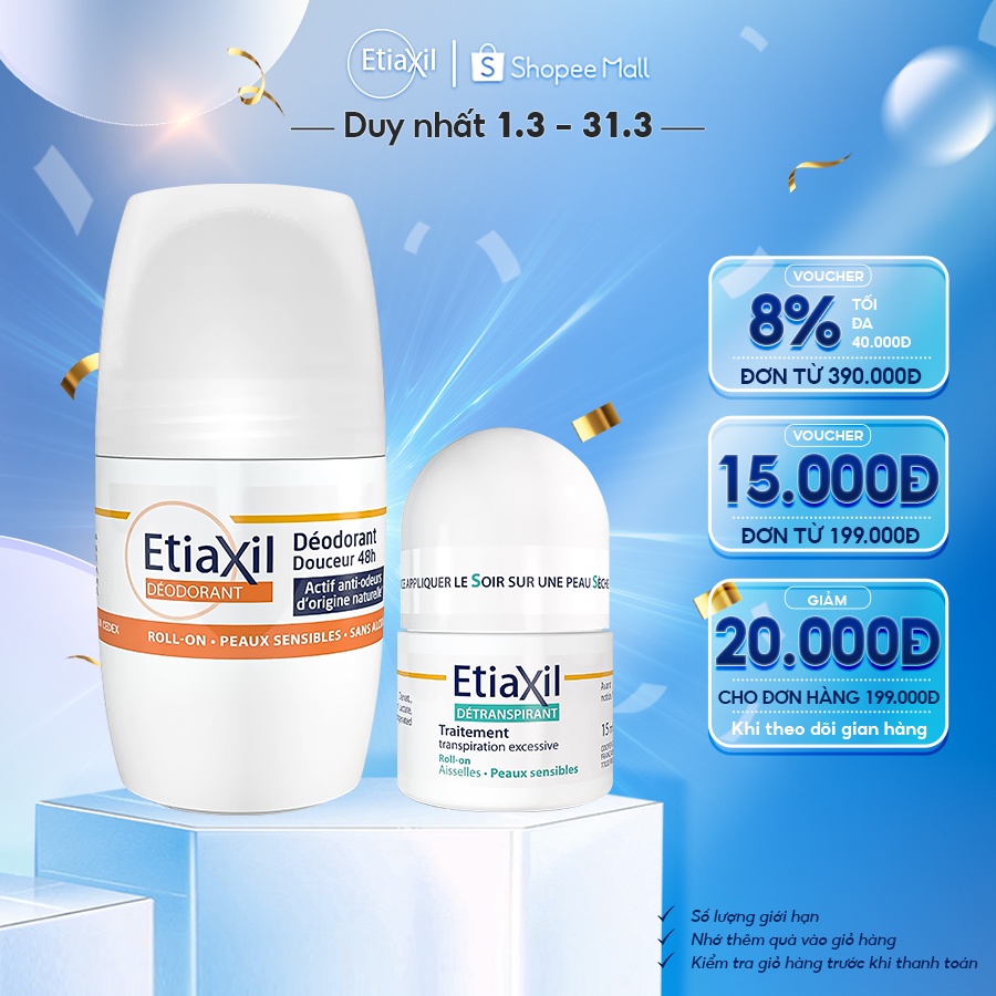 Combo Lăn Khử Mùi Hàng Ngày Etiaxil 50ml và Lăn Khử Mùi Ngăn Mồ Hôi Etiaxil 15ml