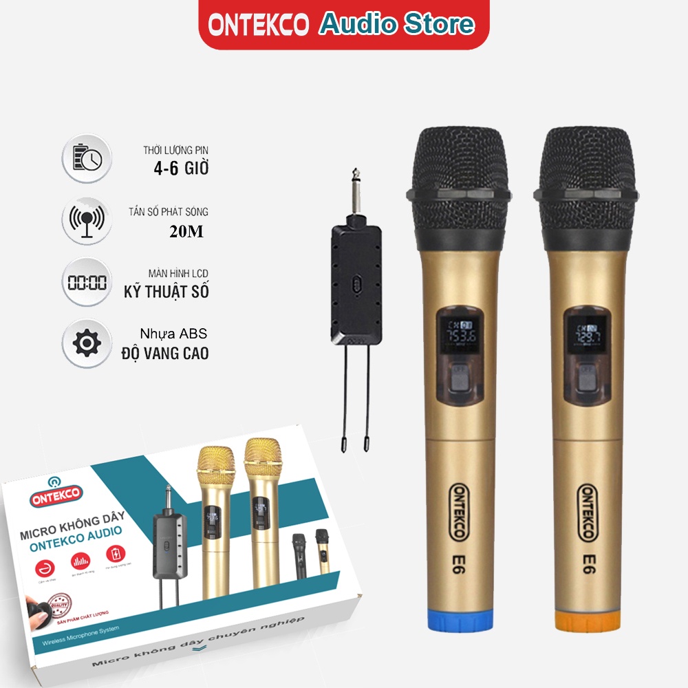Bộ micro không dây ONTEKCO E6 màu vàng đen hát karaoke dùng cho mọi loa kéo, amply gia đình, chống hú