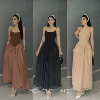 Đầm nữ dài xoe xếp li hai dây cổ vuông bánh bèo sang chảnh hot hit hàng thiết kế cao cấp