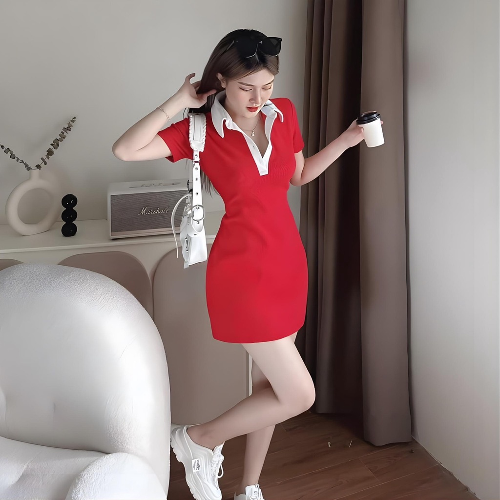 ĐẦM ÔM BODY PHỐI CỔ SƠ MI CÀI NÚT THẬT THUN GÂN TĂM CAO CẤP SIÊU ĐẸP