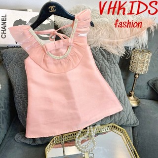 Váy đầm bé gái Vhkids chất TaFa cao cấp đính dây ngọc, thắt nơ 2 màu cực dễ thương