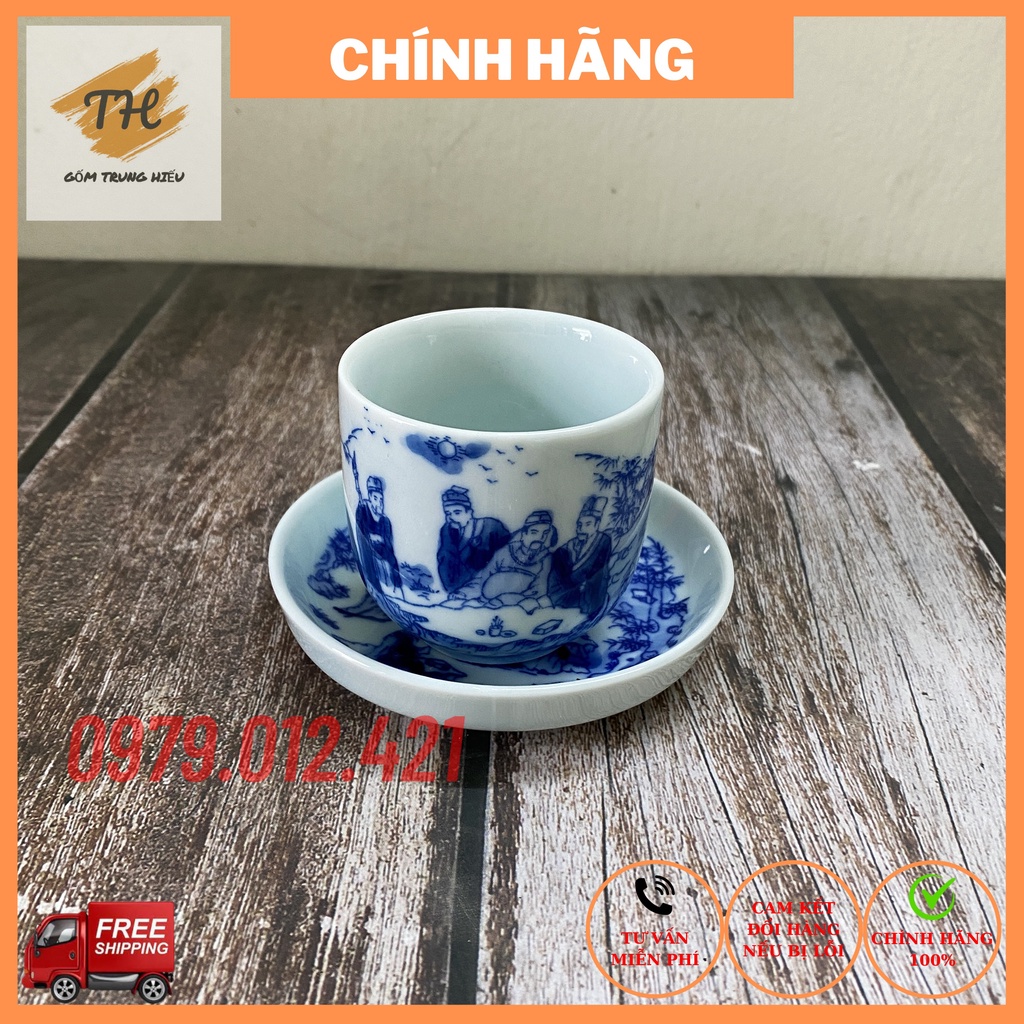 Chén đĩa lẻ men lam Bát Tràng tích Trúc Lâm Thất Hiền cỡ lớn
