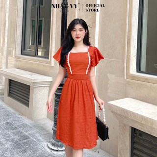 Váy Công Sở NHẬT VY Tay Cánh Tiên Cổ Vuông Phối Ren Ngực Chất Xốp Thun Mỹ Màu Xanh, Trắng, Đen, Cam, Nâu - D2429