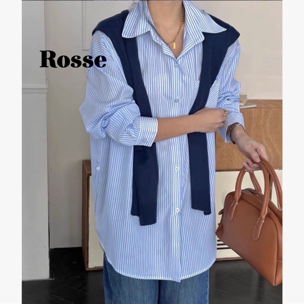 Áo sơ mi Hàn Quốc, Áo sơ mi kẻ sọc nhỏ phối khăn buộc vai 3 màu pastel xinh xắn - ROSSES STORE