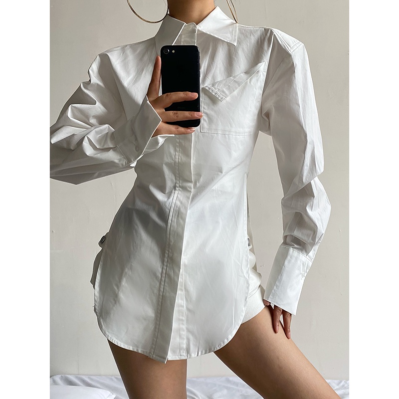 Hhjdxd Áo Sơ Mi Xẻ Tà Có Túi Nhấn Eo Hẹp Thời Trang Cho Nữ