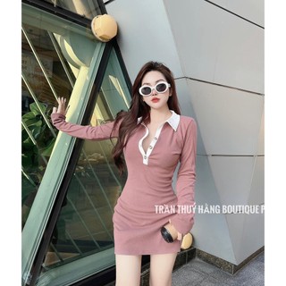 Váy body phối nút gài - đầm body thun cổ polo tay dài ôm khoe dáng - chất thun gân mịn dễ thương