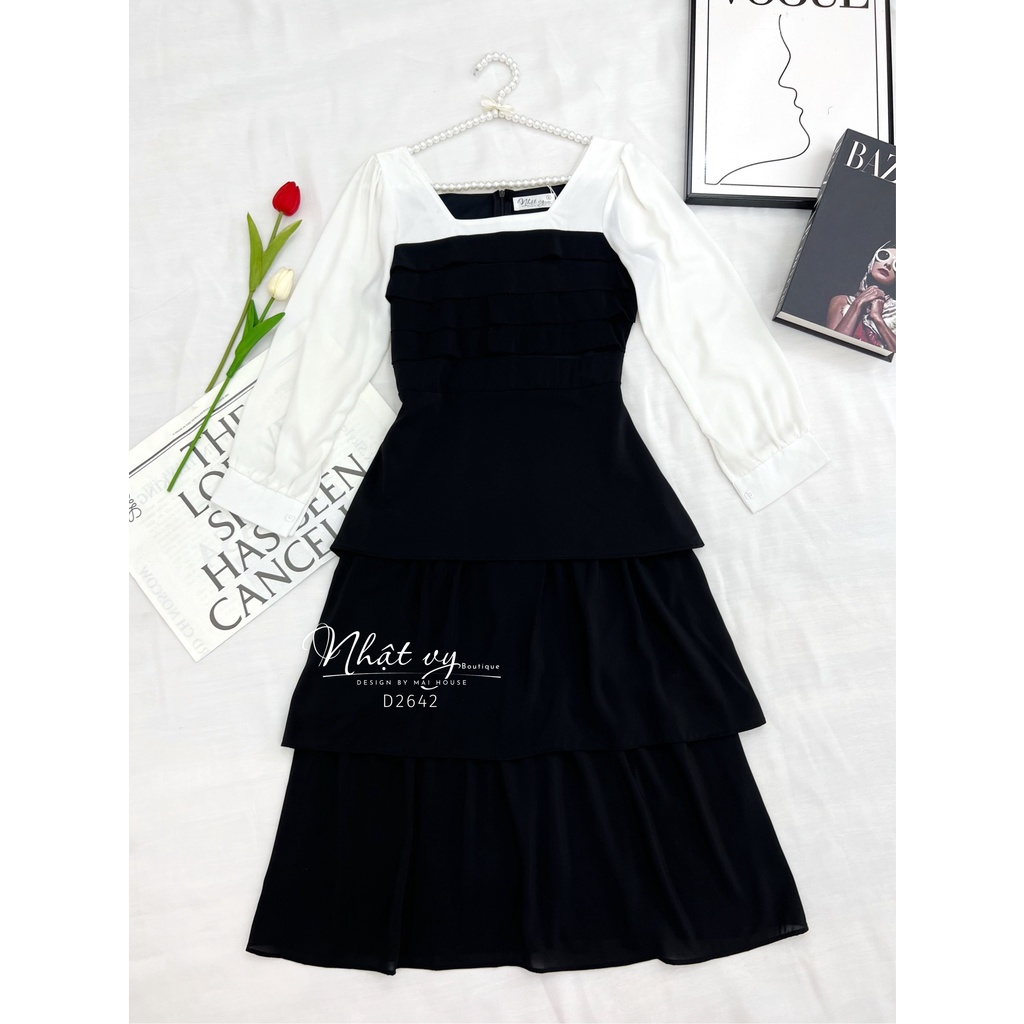 Đầm dự tiệc Maihouse cổ vuông xếp ly ngực dáng xoè tầng chất voan nhung phù hợp đi chơi dạo phố sang chảnh - D2642