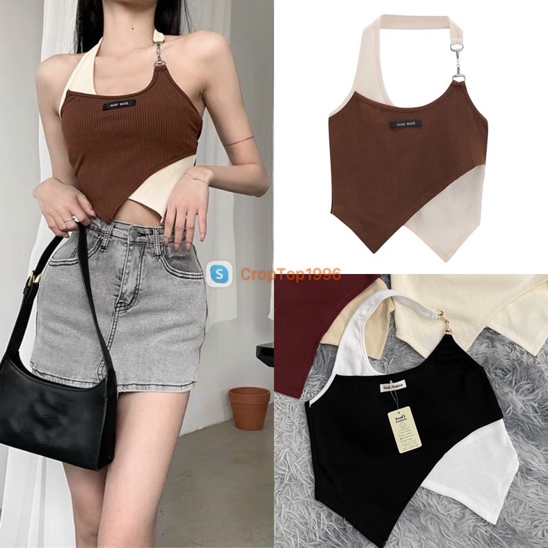 Áo yếm choàng cổ Croptop CÓ MÚT NGỰC phối màu vạt chéo cá tính A57