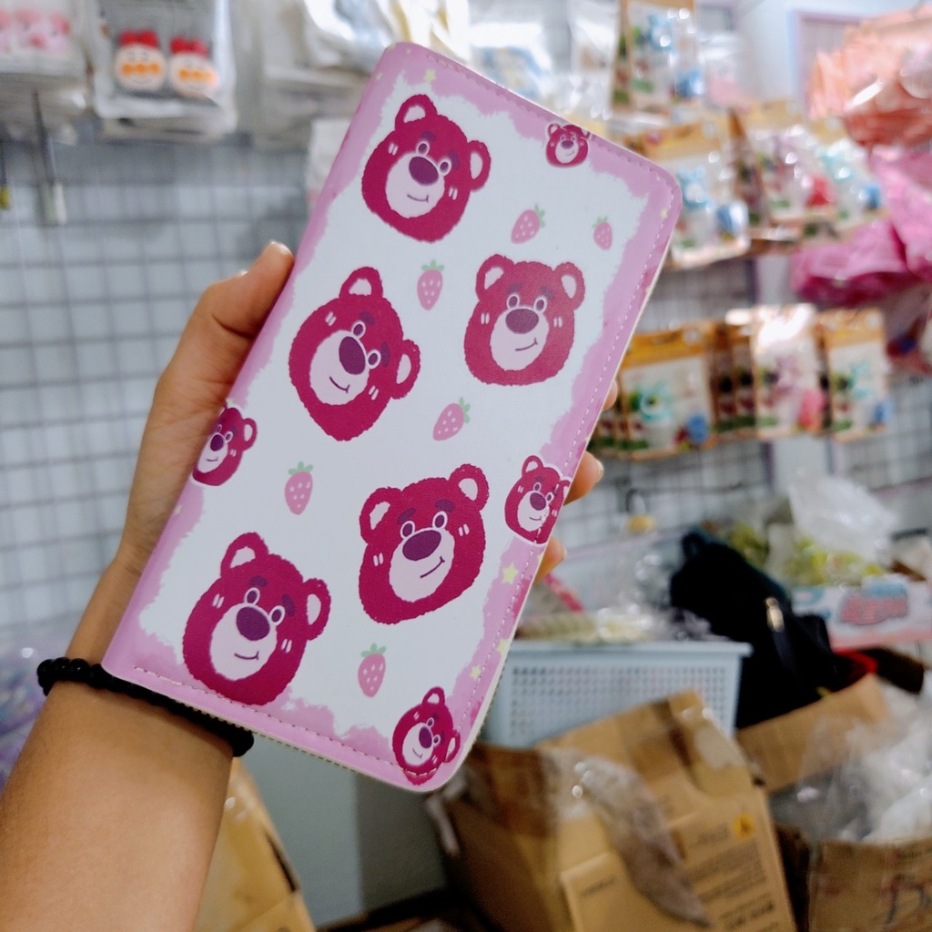 Bóp ví dài ví hình chữ nhật Da Pu hoạ tiết Gấu Dâu lotso hồng đáng yêu