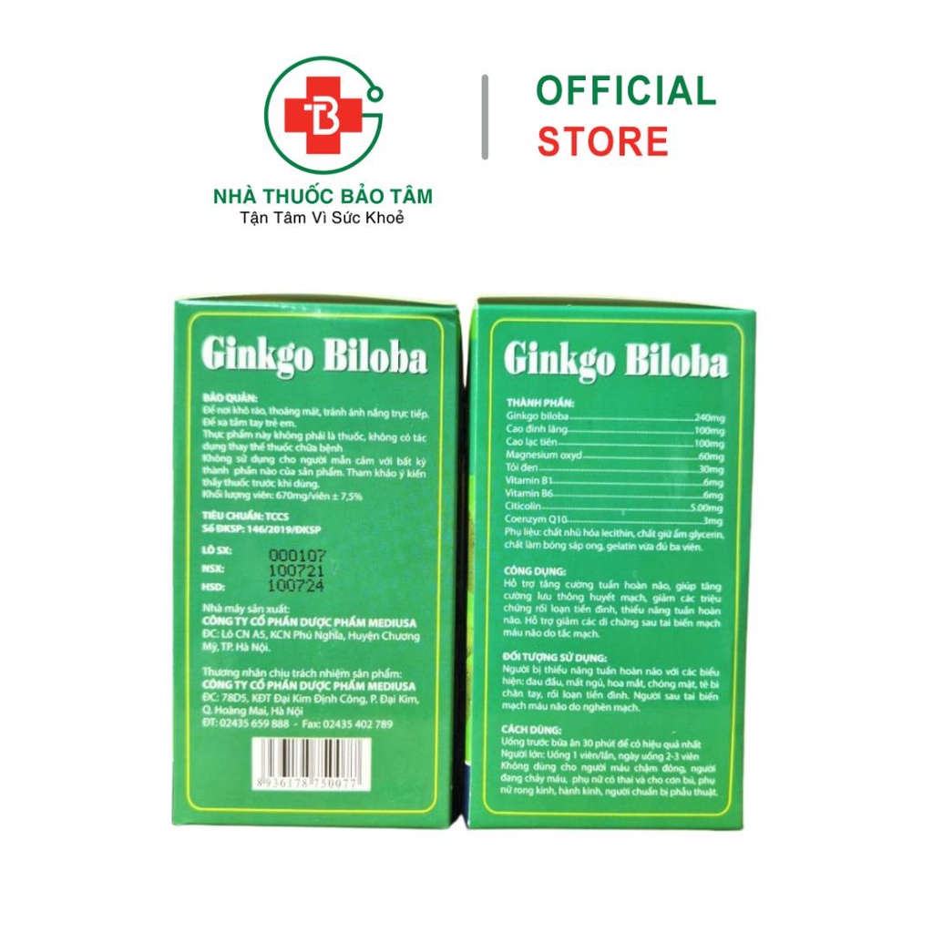 Hoạt huyết dưỡng não Ginkgo Biloba 240mg giúp bổ sung dưỡng chất cho não, tăng cường tuần hoàn máu não - Hộp 100 viên