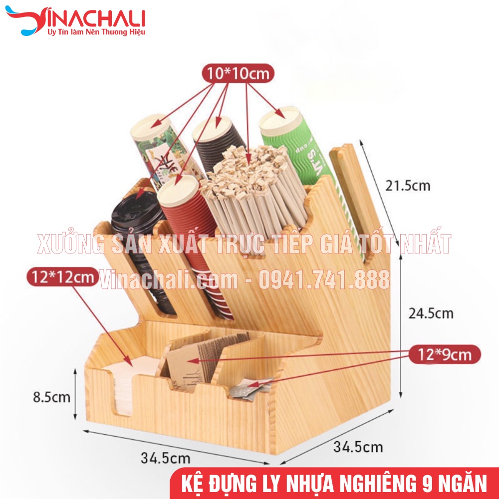 Khay Đựng Ly, Kệ Đựng Ly Nhựa, Cốc Giấy, Ống Hút, Khăn Giấy, Túi Cafe, Túi Trà Nghiêng 9 Ngăn - Gỗ Tự Nhiên Cao Cấp