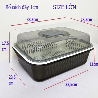 Bộ 4 Hộp nhựa có nắp và rổ nhựa, bộ thau rổ có nắp chữ nhật, khay rổ úp chén ly có nắp size lớn 38,5x28,5cm cao 17,5cm.