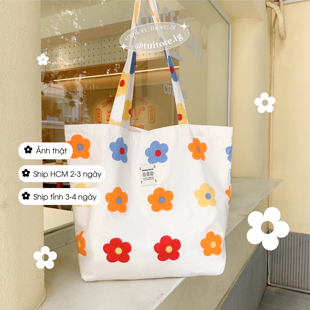 Túi Tòte: Túi vải cotton mỏng, may 2 lớp đeo vai hoạ tiết hoa nhí thời trang (44 x 34cm)