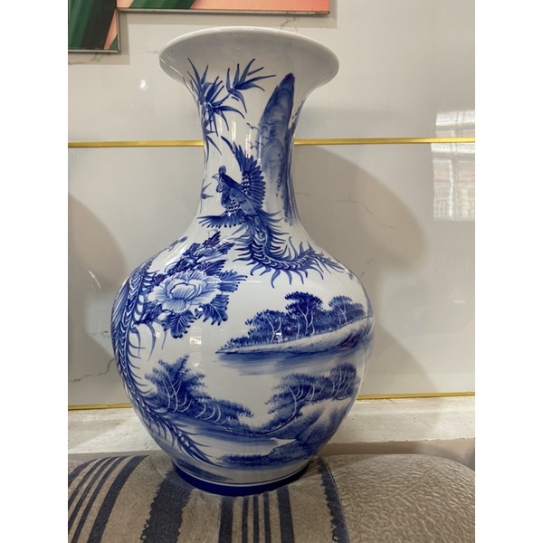 Bình hút lộc chiêu Tài Lọ hoa dáng củ tỏi sứ Bát Tràng men lam cổ vẽ tích xưa cao 46 48 51 cm