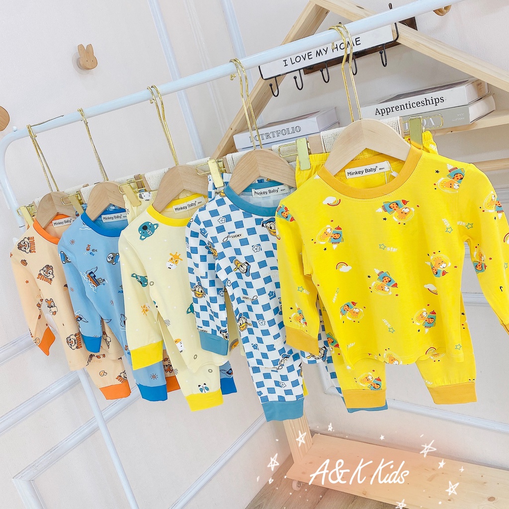 Bộ dài tay in họa tiết phối viền,thun lạnh minky mịn mát cho bé trai, gái size 6-30kg M.59