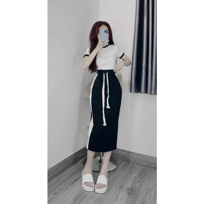 Set bộ đồ nữ, Set áo thun trắng mix váy suông len tăm MPB, set thể thao body hot hit