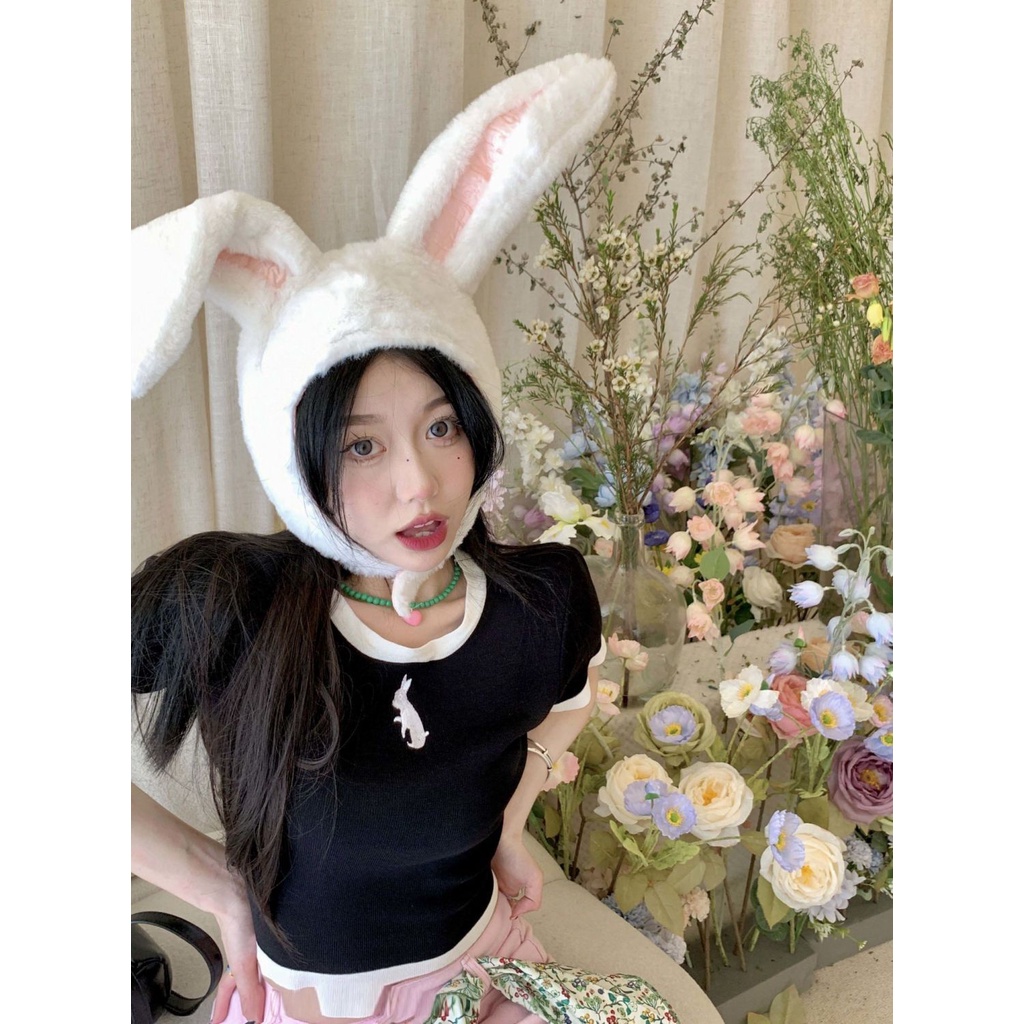 Lalisas Áo Croptop Dệt Kim Tay Ngắn Cổ Tròn Thời Trang Hàn Quốc vintage Quyến Rũ Cho Nữ