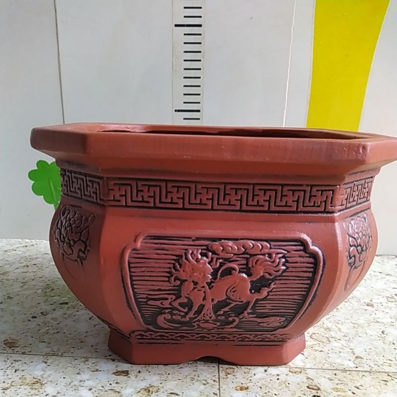 Chậu vuông tứ linh đỏ - Chậu gốm sứ- chậu trồng cây cảnh, bonsai