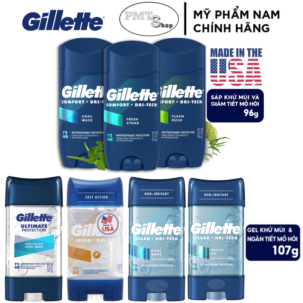 [NK Mỹ] Lăn khử mùi nam Gillette Clear Gel 107g / Sáp 96g Sport Active Arctic Ice Cool Wave 6in1 Ultimate Clear Rush