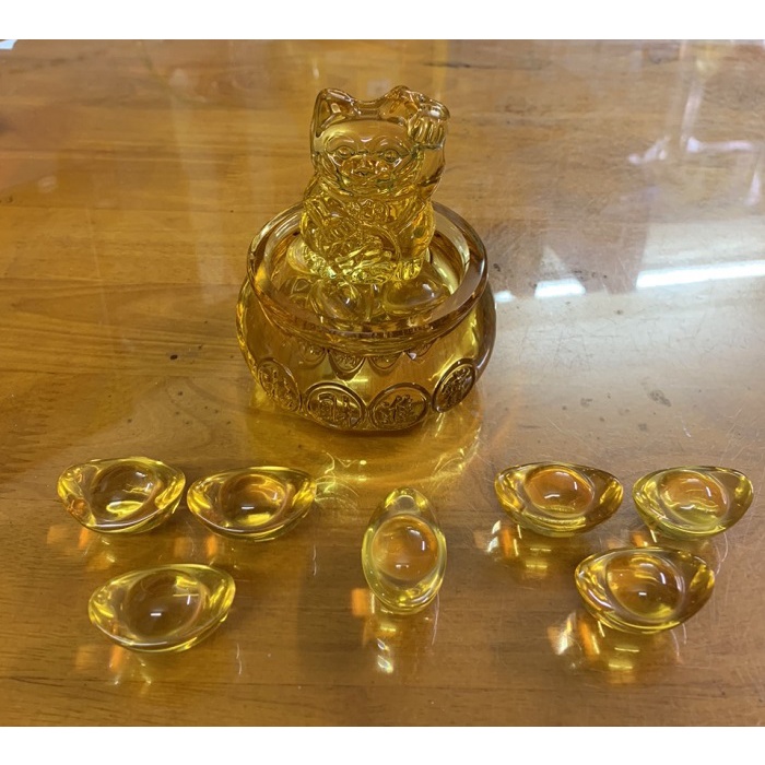 Hũ vàng bát tụ bảo bồn thần tài 10cm + 7 thỏi vàng 4cm + Tượng mèo 7cm, phong thủy chiêu tài lộc