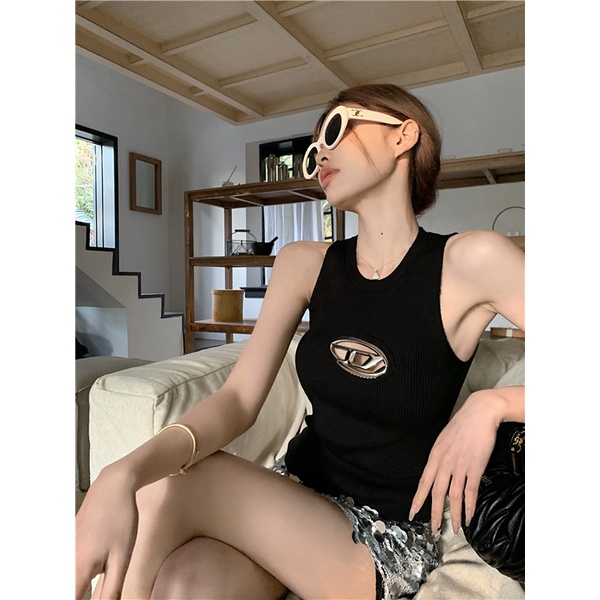 QADCOL Áo Len Cổ Thuyền Không Tay Màu Đen Thời Trang Xuân Hè Cho Nữ