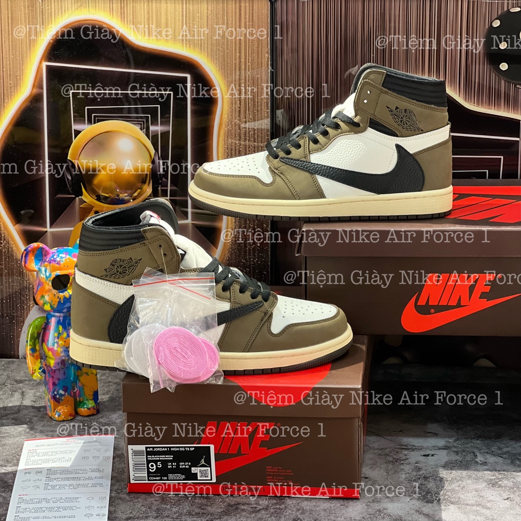 Giày Sneaker Air Jordan 1 Retro High Travis Scott - Phiên Bản Xịn Nhất Màu Mocha Xanh Rêu Da Bò Cổ Cao