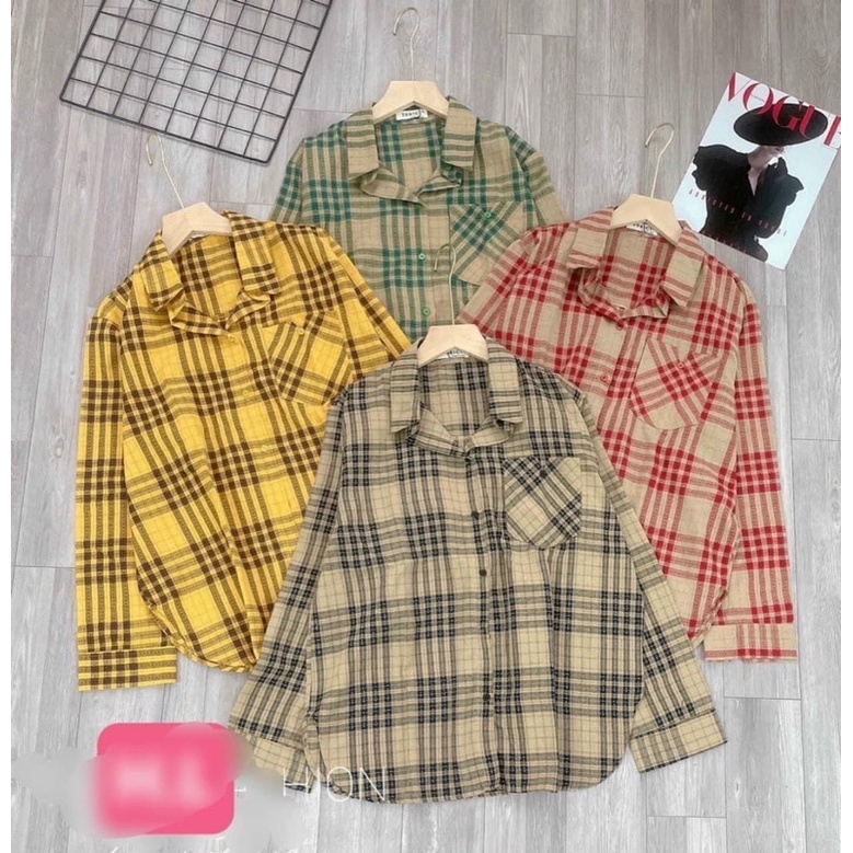 ÁO SƠ MI NỮ KẺ DÀI TAY DÁNG THỤNG FREESIZE