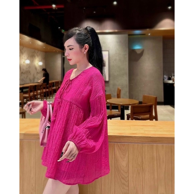 Set Bộ Babidoll Tay Phồng Kèm Quần Short Màu Hottreen