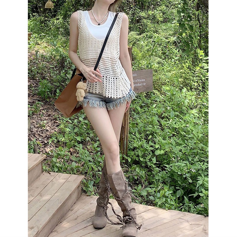 Áo Hai Dây Dệt Kim Khoét Lỗ Họa Tiết Hoa Phong Cách Hàn Quốc Mới Cho Nữ