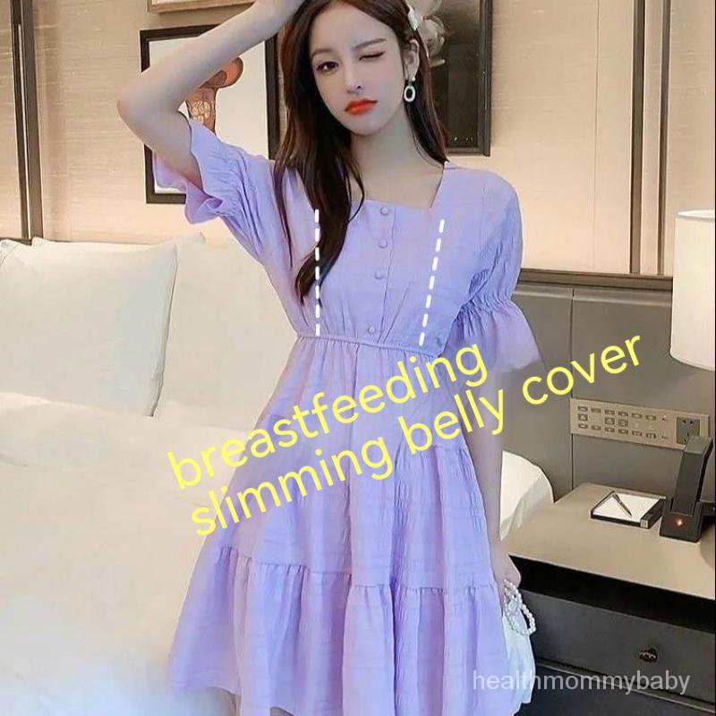 Trang Phục Cho Con Bú Váy Liền Đi Ra Ngoài Dài Áo Cho Con Bú Tay Ngắn Mỏng Cho Con Bú Sau Sinh