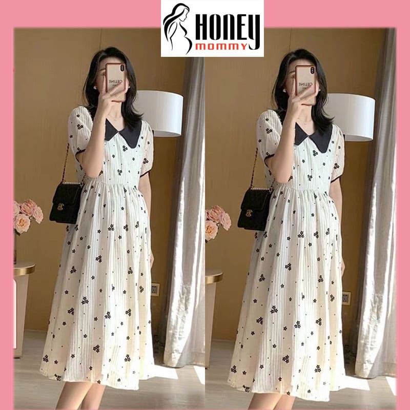 Đầm Bầu Váy Bầu Công Sở Mùa Hè Có Cổ Họa Tiết Hoa Nhí Dáng Babydoll Xinh Xắn HD2930 Honey Mommy