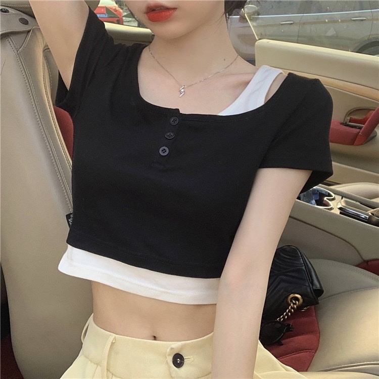 Áo thun tay ngắn hai lớp áo phong cách Hàn Quốc cho nữ
