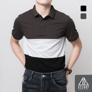 Áo thun polo nam D2shop, áo polo nam phối 3 màu xám trắng đen