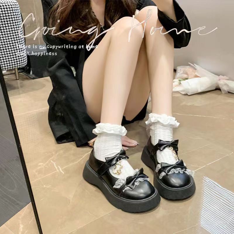 Giày Nữ Lolita Nơ Bách Hợp Giày Da Đế Dày