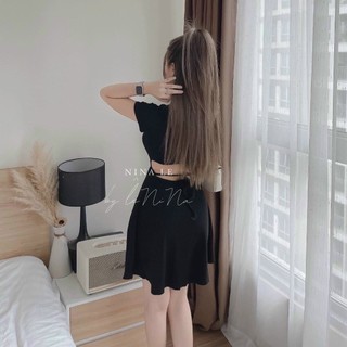 Đầm thun tăm gân xòe đan dây lưng