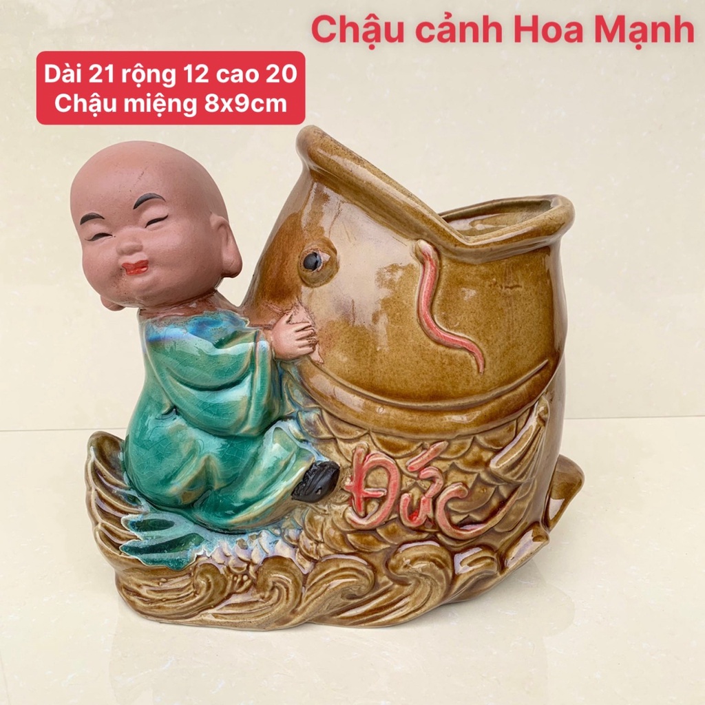 Chậu tượng gốm chú tiểu cưỡi cá bonsai cây cảnh sen đá SP541