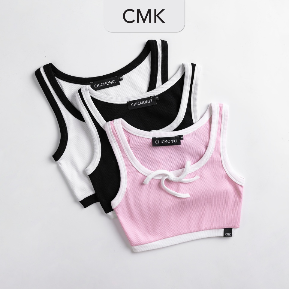 Áo thun croptop CHICMONKI phối viền nơ (3 màu) CAT15