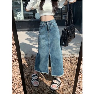 Chân váy T jeans xanh mài gấu cắt dáng a dài basic