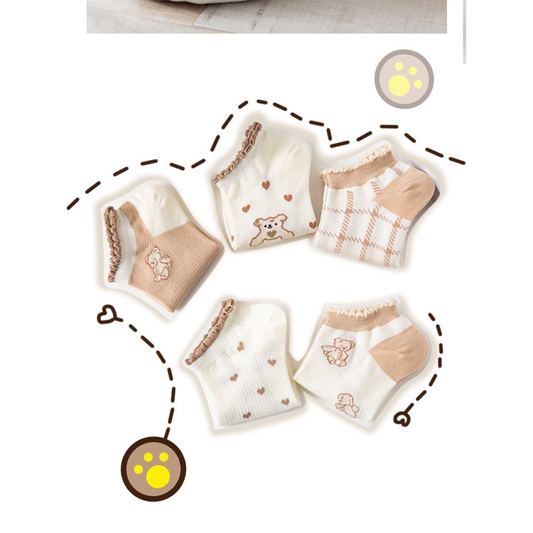 Set 10 tất vớ cổ ngắn nữ hình gấu kem cổ nhúm phong cách hàn quốc cao cấp