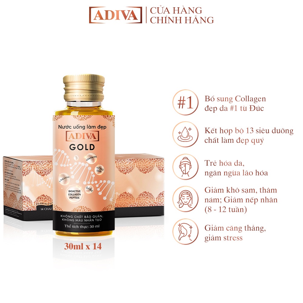 Nước Uống Làm Đẹp Collagen ADIVA Gold (14 Chai/Hộp)- Giúp Làn Da Căng Mịn, Giảm Nếp Nhăn Và Chống Lão Hóa