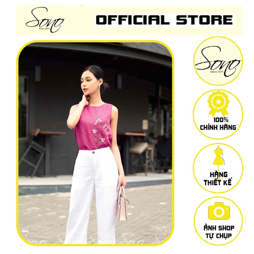 Sono - Áo Linen Hàng Thiết Kế Màu Hồng Tím Sát Nách Thêu Hoa Nhí