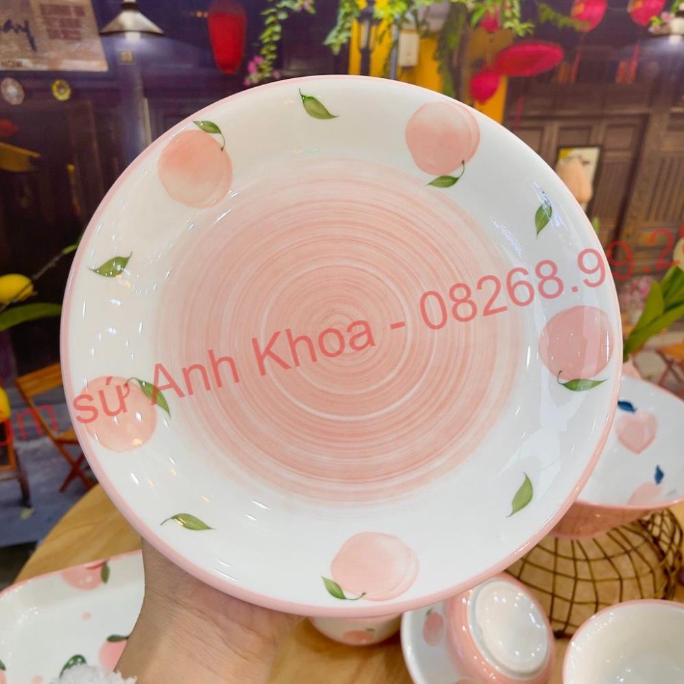 Siêu Sale - Bát Đĩa Gốm Sứ Decor, Bát Ăn Cơm, Bát Ăn Chè, Chén Dĩa Dễ Thương Bộ Đào Hồng 14 Món Xinh Yêu Cho Gia Đình