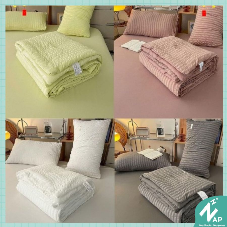 Bộ Chăn Mền Chần Bông Ga Gối 4 Món  Đũi Waffle Thêu Dệt Ô Nổi Cá Tính Fullsize m6 m8 2m Napbedding